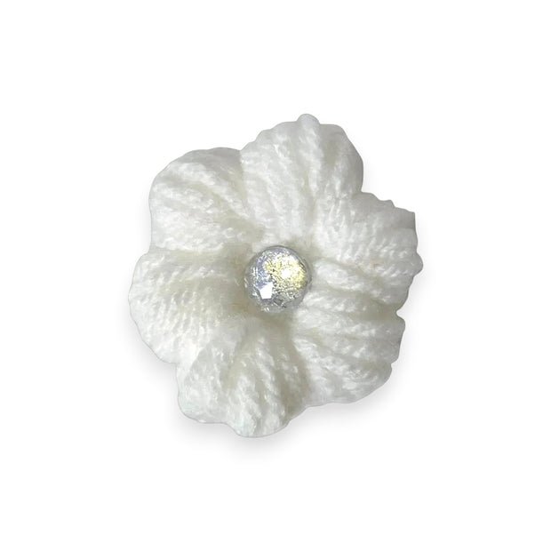 Handmade by Erika Liesel white crochet flower clip with a sparkling center for seasonal gnome decor