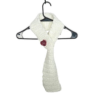 Handmade by Erika Liesel white crochet scarf with a keyhole design and a small decorative maroon flower accent.
