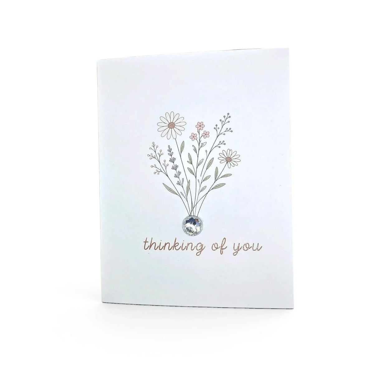 Handmade by Erika Liesel greeting card with wildflower illustration, gemstone accent, and thinking of you text.