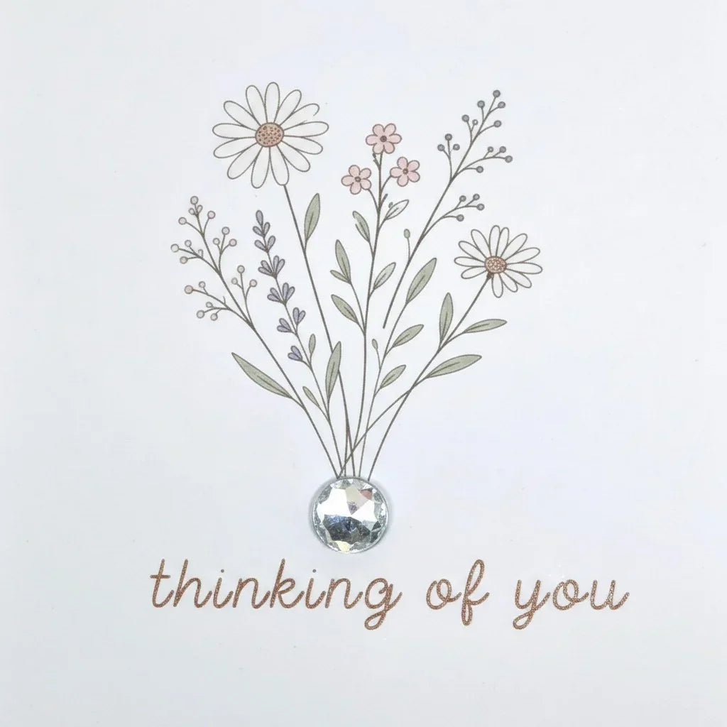 Handmade by Erika Liesel greeting card with wildflower illustration, handwritten text, and a single gemstone accent.