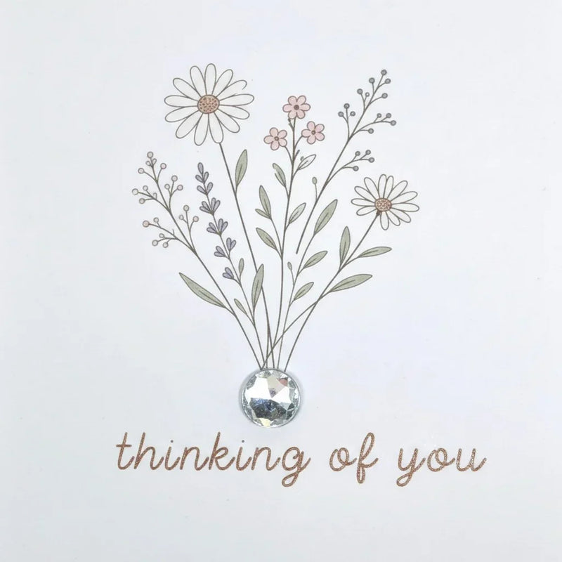 Handmade by Erika Liesel greeting card with wildflower illustration, handwritten text, and a single gemstone accent.
