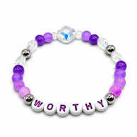 Handmade by Erika Liesel Worthy stretch bracelet with purple crystal beads, sterling silver accents, and letter beads.