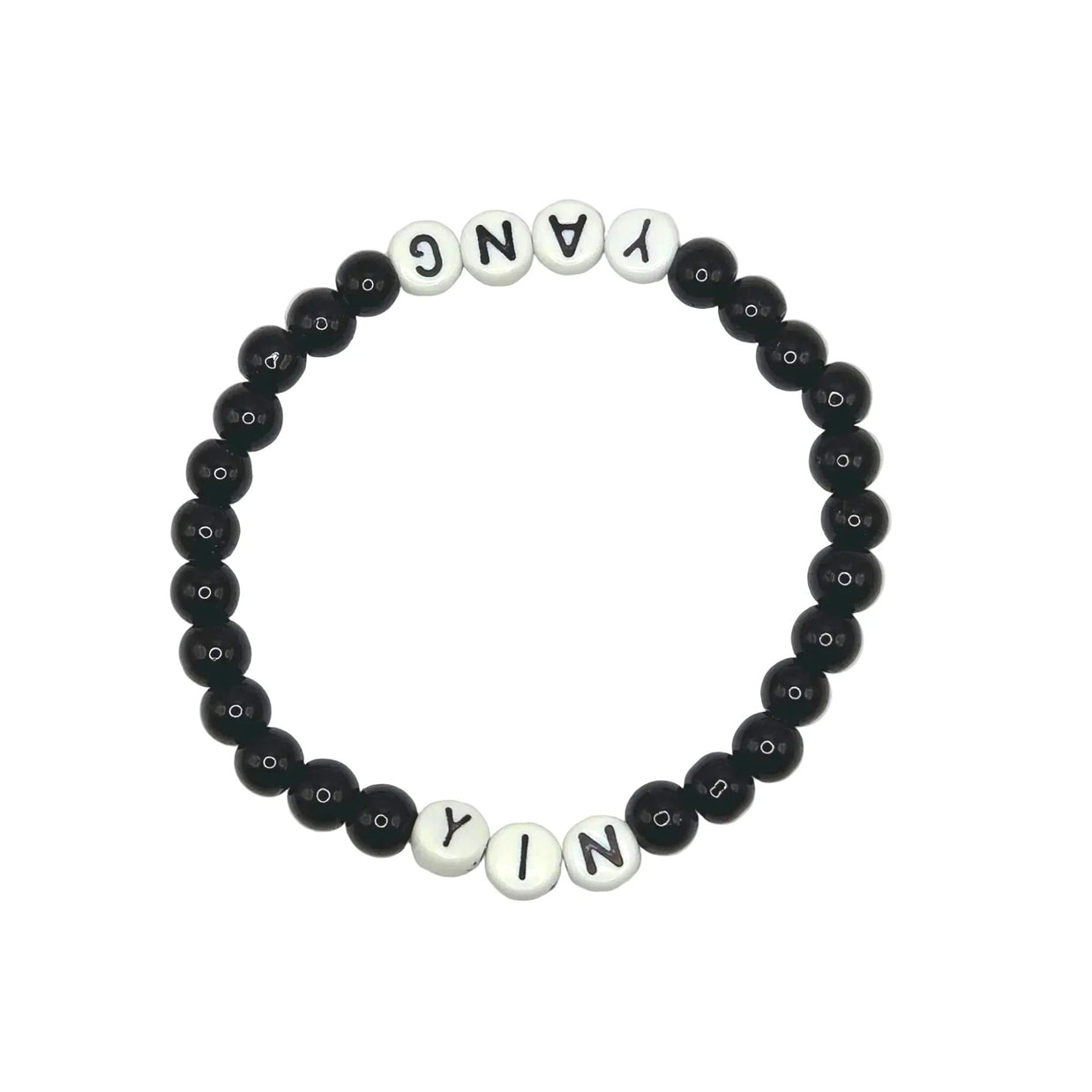 Handmade by Erika Liesel stretch bracelet with black glass beads and white letter beads spelling Yin and Yang