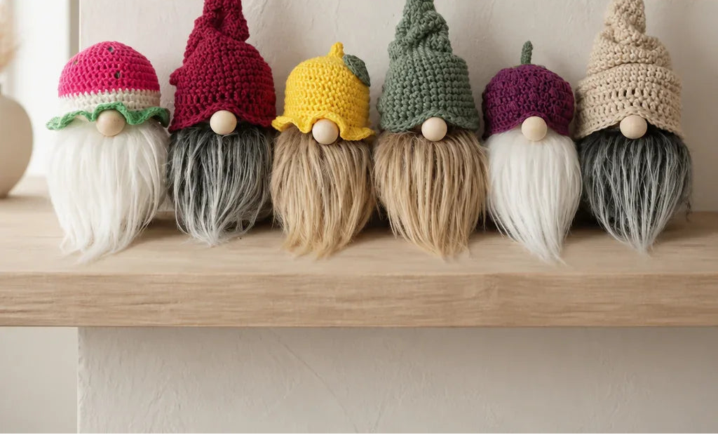Six handmade crocheted gnome decorations with pointed hats and long yarn beards are lined up on a light wood shelf against a white wall.