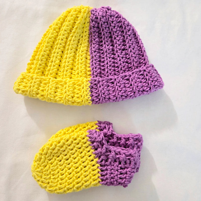 Handmade crochet hat and booties set in yellow and purple, cozy baby gift