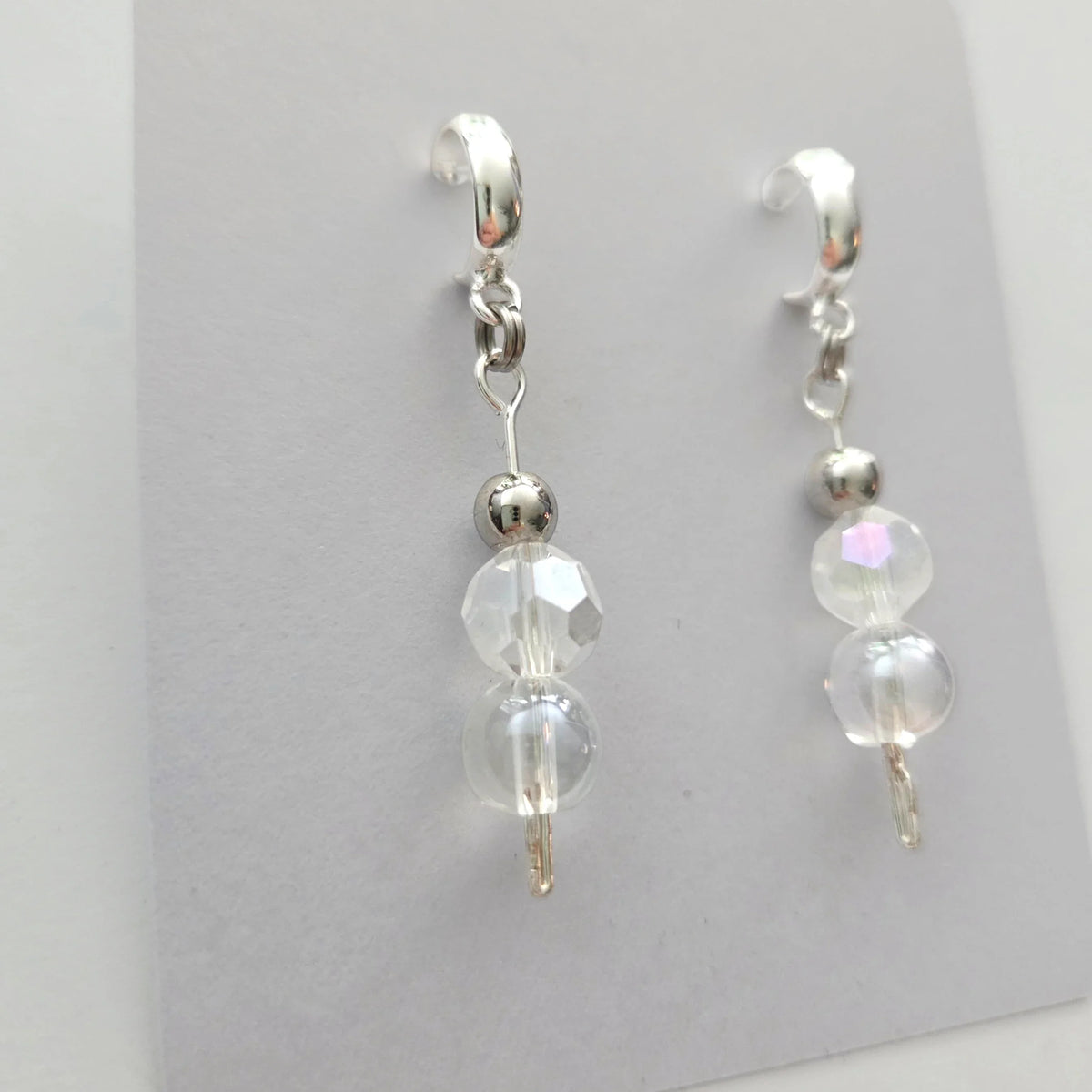 Handmade by Erika Liesel silver crystal half-hoop drop earrings with round beads and silver-tone accents