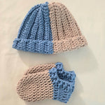 Handmade crochet hat and booties set in blue and beige, cozy baby gift