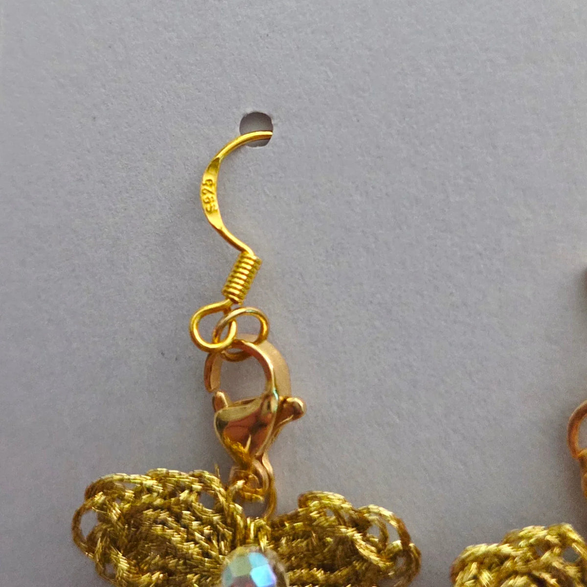 Handmade by Erika Liesel gold crochet butterfly drop earrings with crystal bead detail and sterling silver ear wires