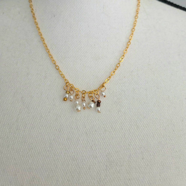 Gold chain necklace with pearl and bead charms, handmade delicate jewelry for everyday wear