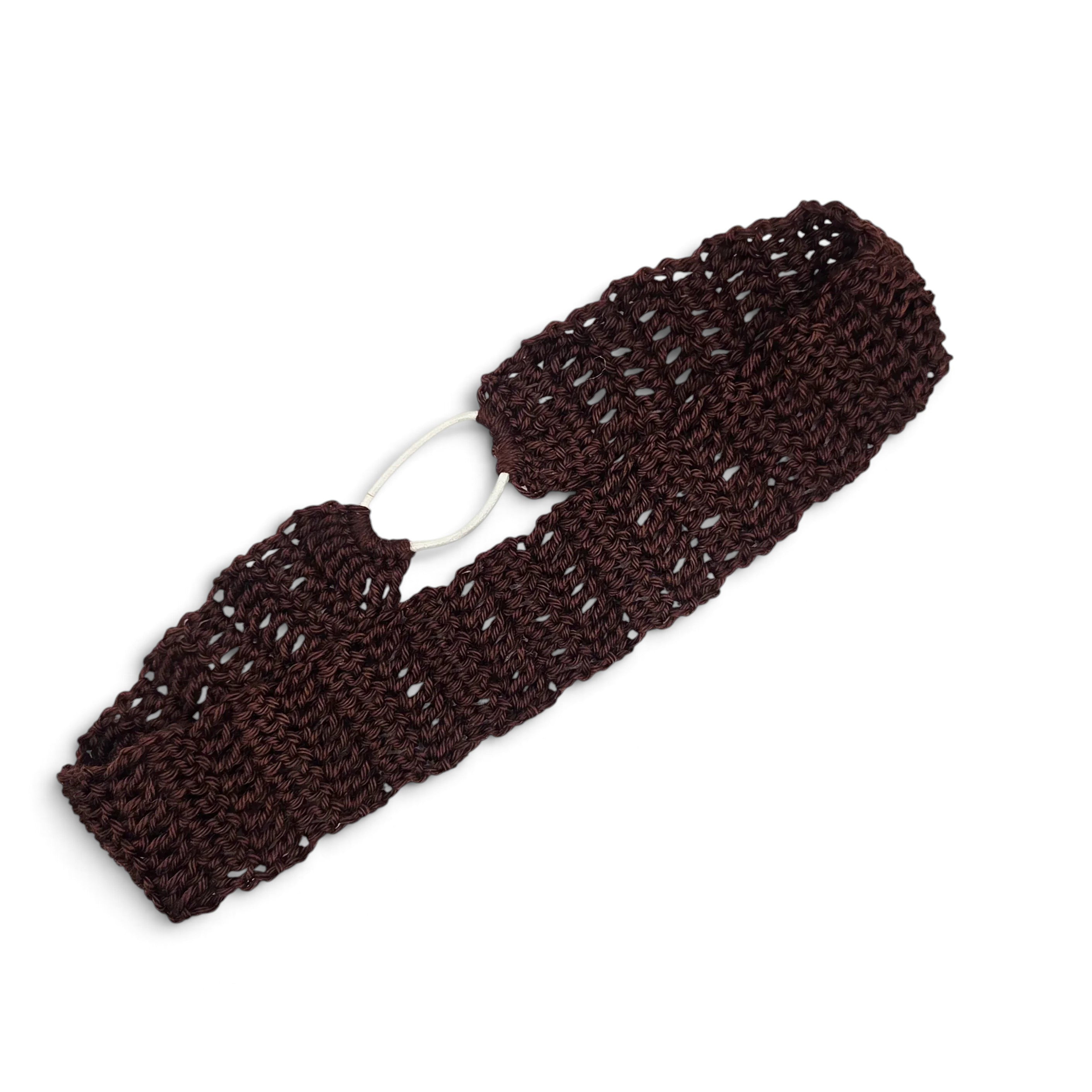 Handmade crochet headband in deep burgundy, cozy and stretchy for everyday comfort.