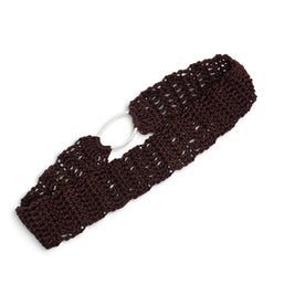 Handmade crochet headband in deep burgundy, cozy and stretchy for everyday comfort.