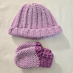 Handmade crochet hat and booties set in soft lavender and purple, cozy baby gift