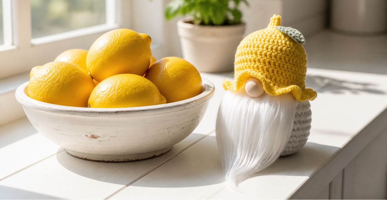 A yellow crocheted gnome figurine with a white beard sits on a white windowsill next to a white bowl filled with lemons, with a potted green plant in the background.