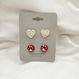 Handmade crochet heart and paw print buttons on display card, cozy craft gift set