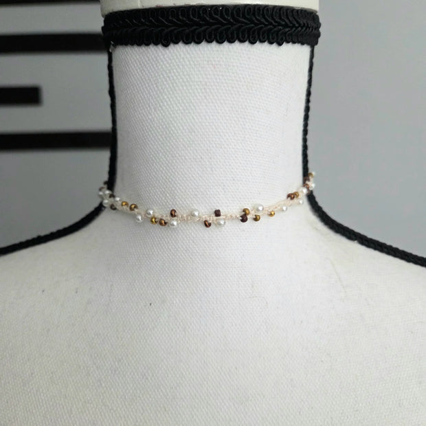 Handmade crochet choker with pearls and gold beads, cozy boho necklace for everyday wear