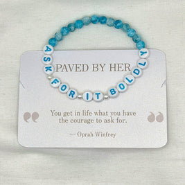 Turquoise and white beaded bracelet with 'Ask For It Boldly' quote, inspirational jewelry gift