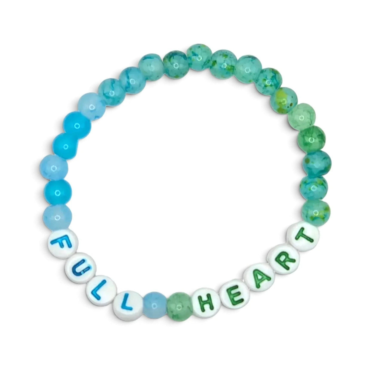 A beaded stretch bracelet on a plain white background, featuring a gradient of blue and green marbled beads transitioning into white letter beads that spell 'FULL HEART'.