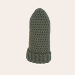 Handmade olive green crochet beanie with ribbed brim, cozy winter hat for everyday wear