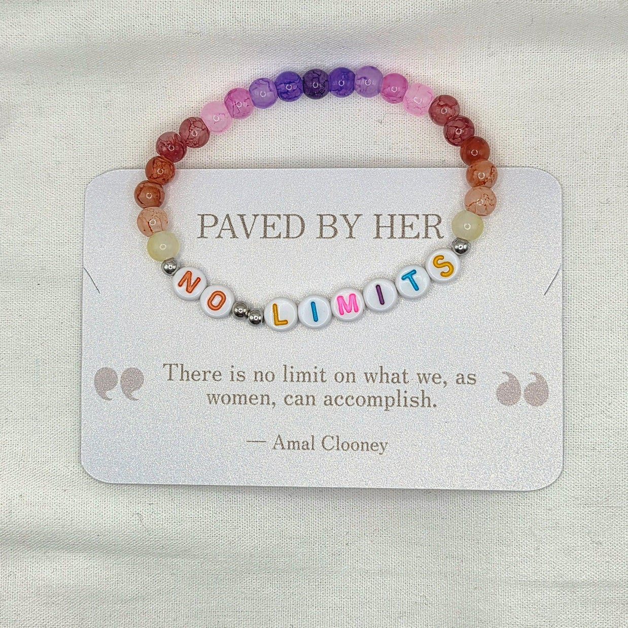 No Limits beaded bracelet with colorful stones and inspirational quote card for women's empowerment