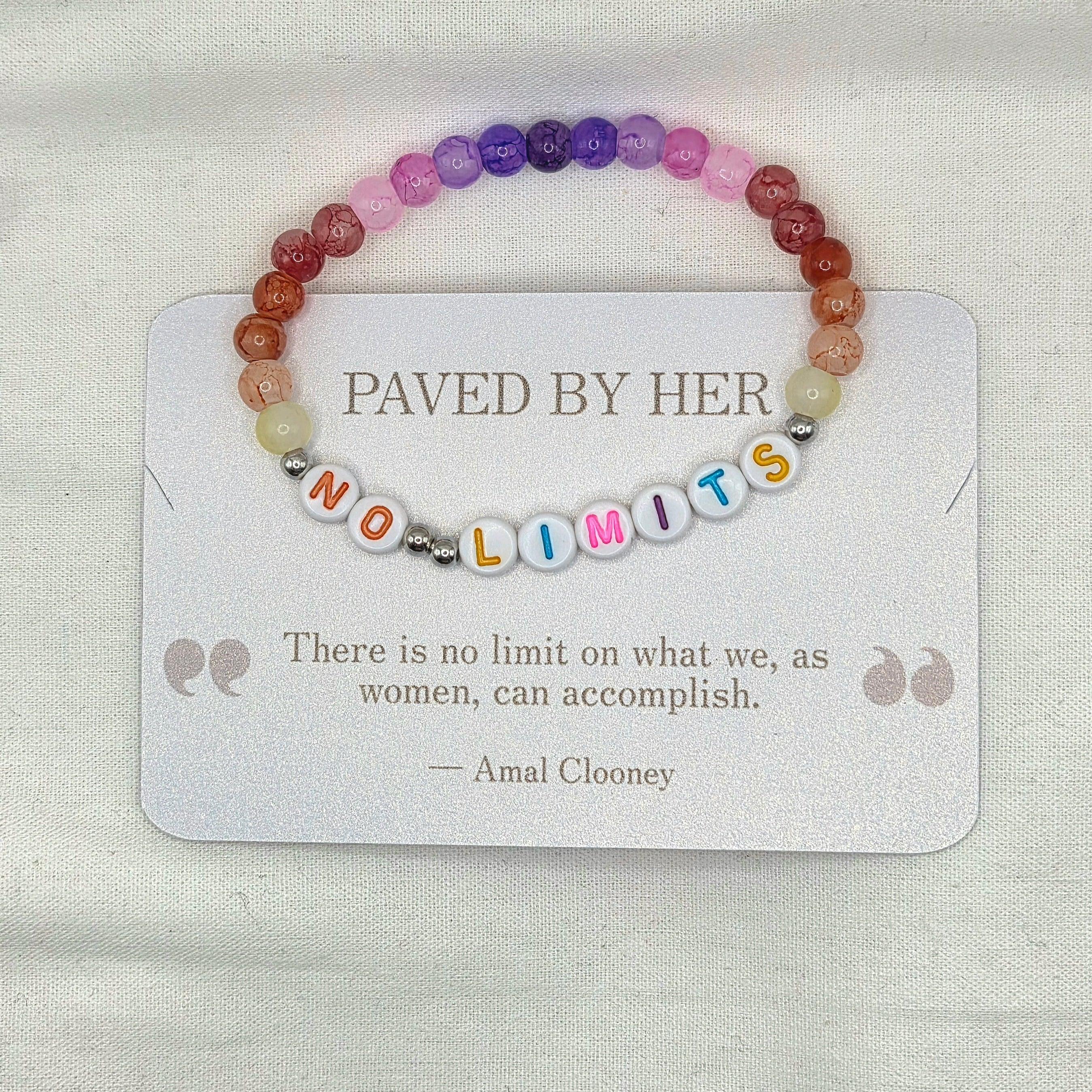 No Limits beaded bracelet with colorful stones and inspirational quote card for women's empowerment