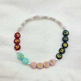 Personalized beaded bracelet with 'DEAR MY LAST NAME' in colorful letter beads and pearls, handmade gift