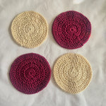 Handmade crochet coasters in cream and burgundy, cozy and creative home decor