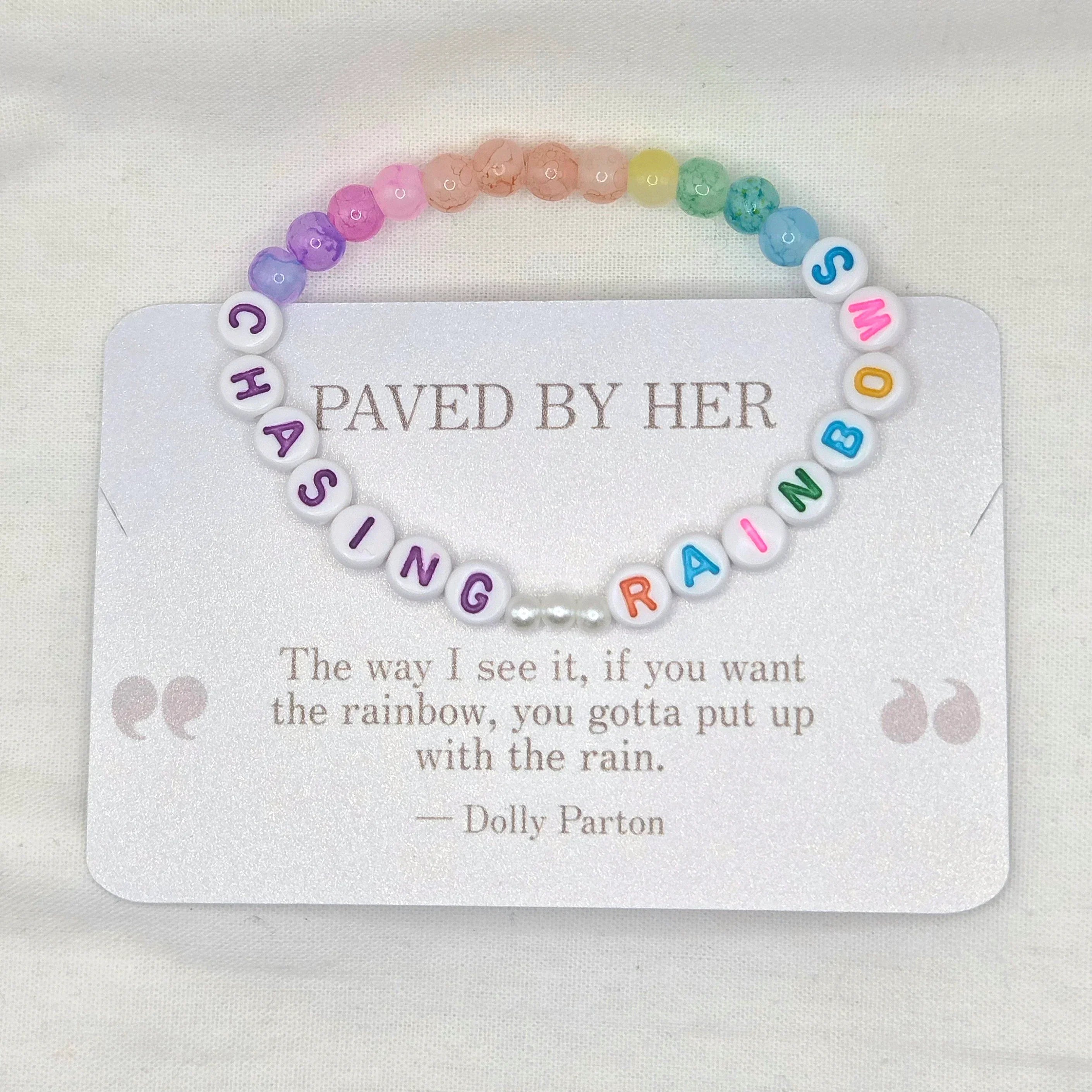 Chasing Rainbows beaded bracelet with colorful rainbow beads and inspirational quote card