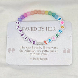 Chasing Rainbows beaded bracelet with colorful rainbow beads and inspirational quote card