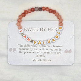 I Am Valuable beaded bracelet with orange and white beads, inspirational quote card by Michelle Obama