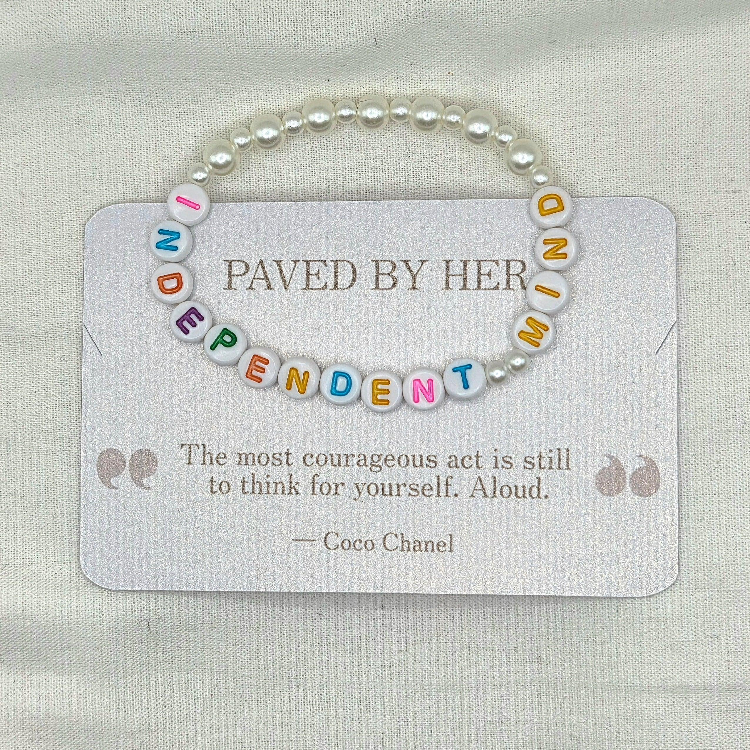 Independent Mind beaded bracelet with pearl accents, inspirational quote card by Coco Chanel