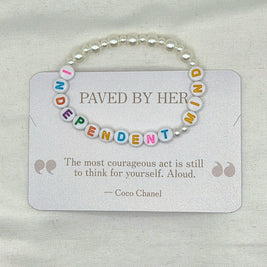 Independent Mind beaded bracelet with pearl accents, inspirational quote card by Coco Chanel