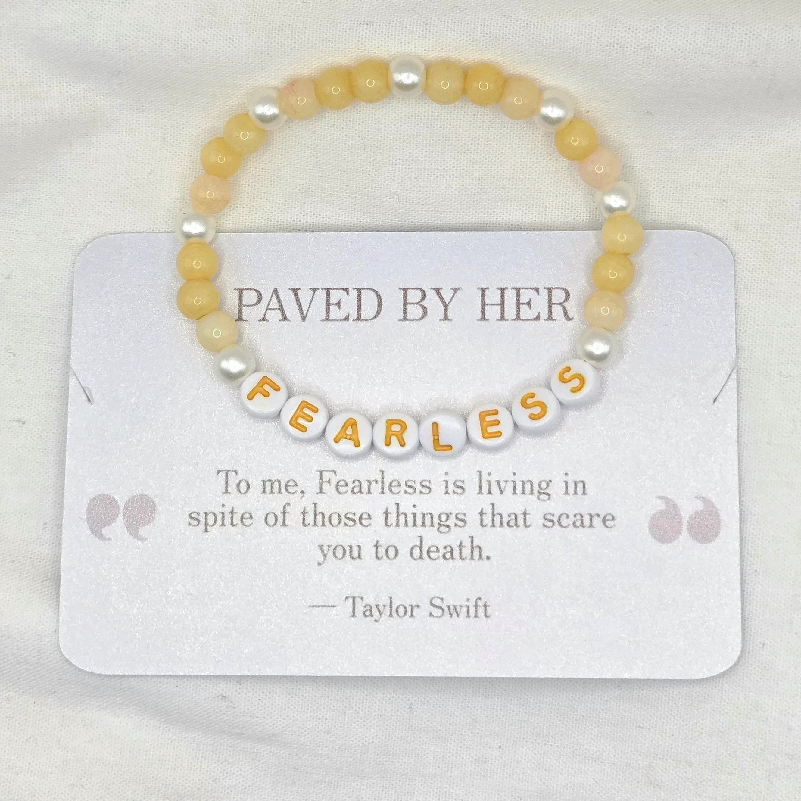 Fearless beaded bracelet with yellow and pearl beads, inspirational quote card by Taylor Swift