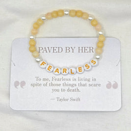 Fearless beaded bracelet with yellow and pearl beads, inspirational quote card by Taylor Swift