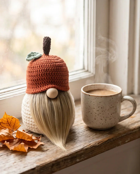 Crochet gnome with acorn hat, cozy fall decor beside steaming coffee mug on rustic windowsill