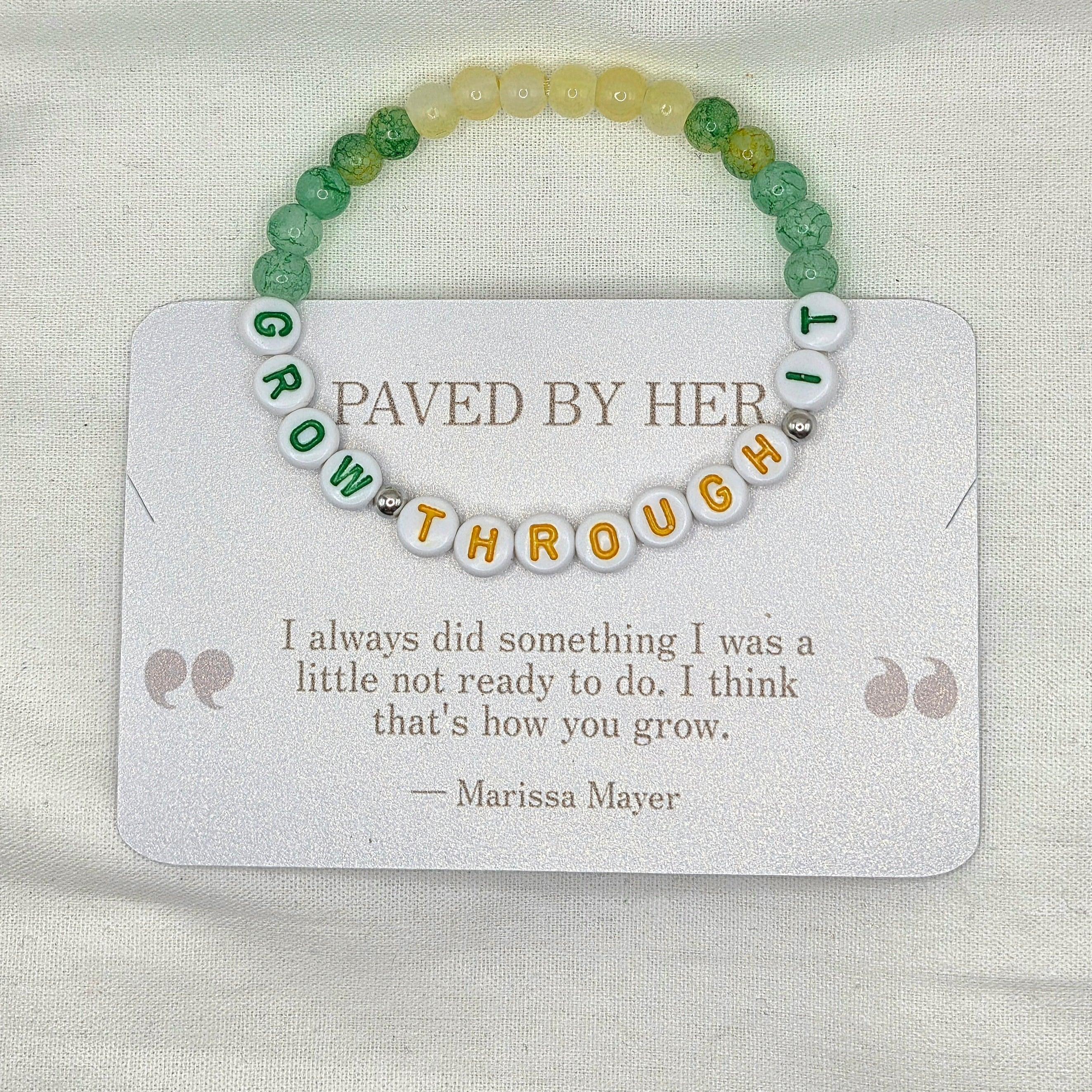 GROW THROUGH IT beaded bracelet with green and yellow beads, inspirational quote card, handmade gift