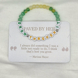 GROW THROUGH IT beaded bracelet with green and yellow beads, inspirational quote card, handmade gift