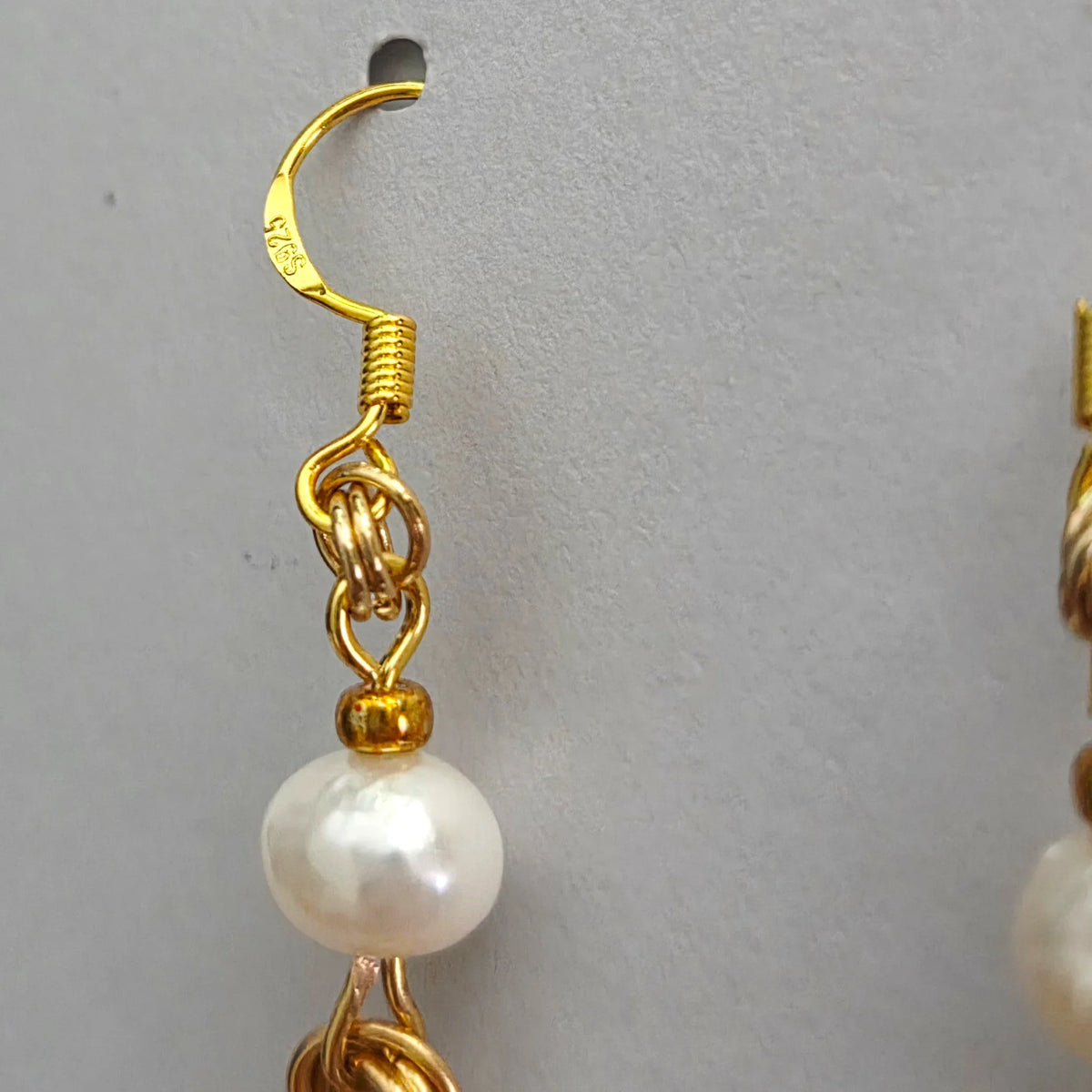 Handmade by Erika Liesel gold freshwater pearl drop earrings with delicate chain and linked sterling silver rings