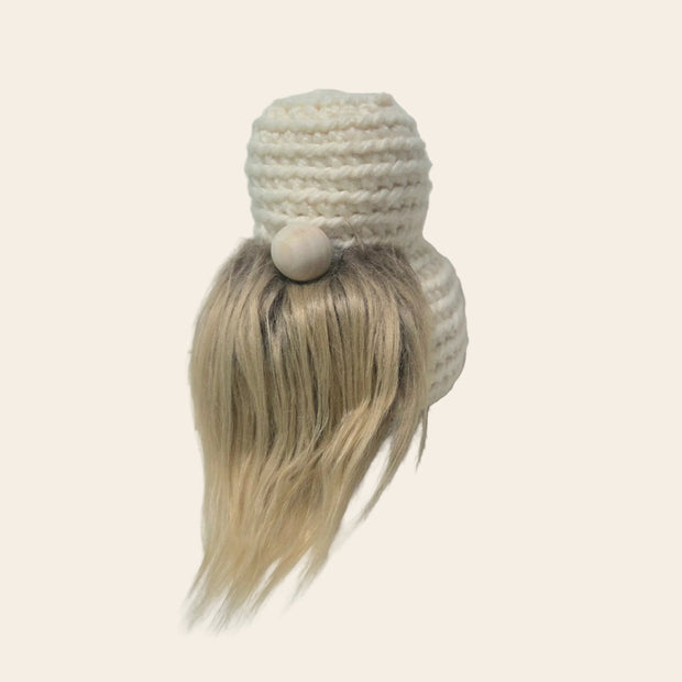 Handmade crochet gnome with blonde hair and wooden bead nose, cozy home decor