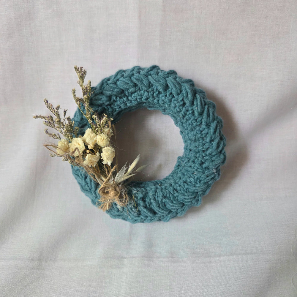 Teal crochet wreath with dried flowers, handmade cozy home decor