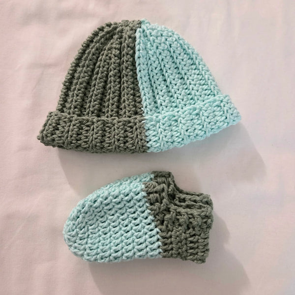Handmade crochet baby hat and booties set in mint green and gray, cozy newborn gift