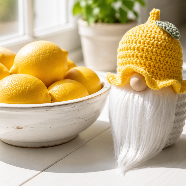 A crocheted gnome figurine with a yellow lemon hat and white beard, standing on a white table next to a bowl of lemons in a bright kitchen setting.