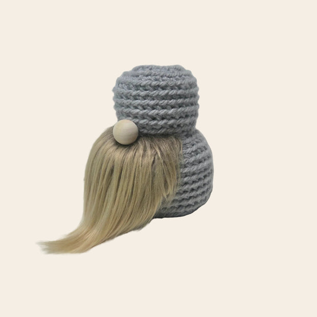 Handmade gray crochet gnome with blonde hair and wooden bead, cozy home decor