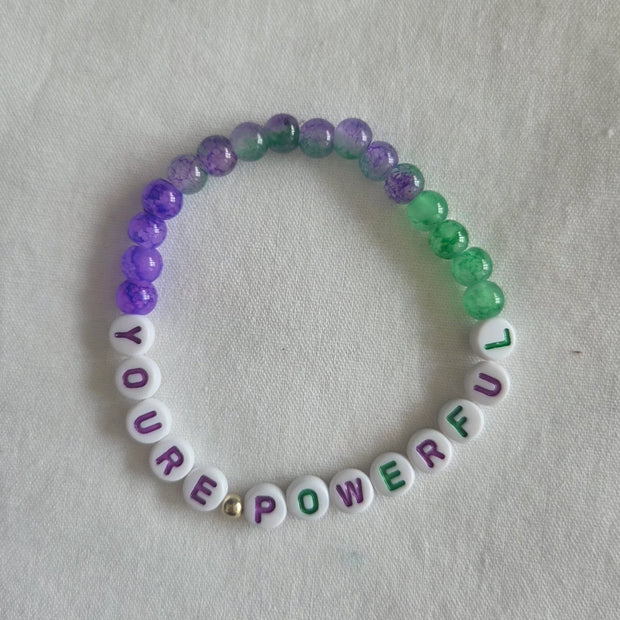 You're Powerful beaded bracelet with purple and green marbled beads, handmade inspirational accessory